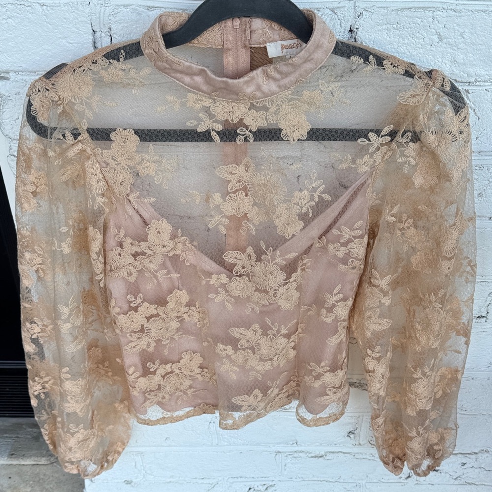 Peach Couture Blush Lace Overlay Long Sleeve Blouse